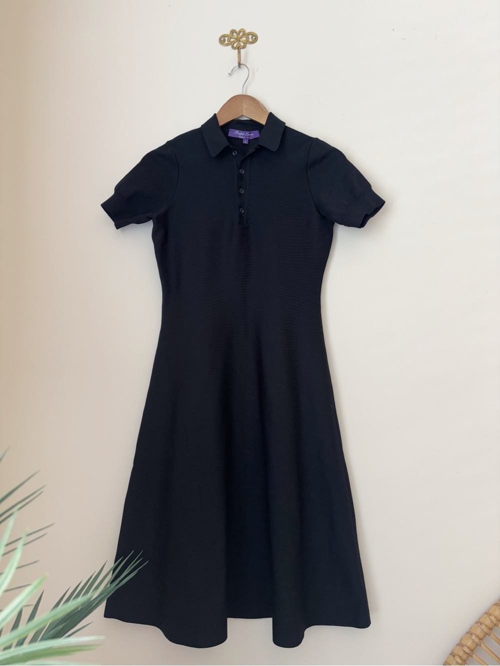Ralph Lauren Black Silk Knit Fit & Flare Polo Dress Small